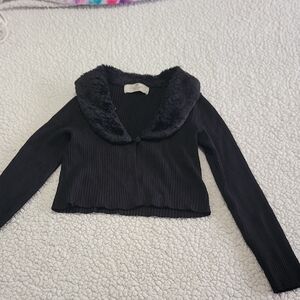 H&M Black Cardigan with Faux Fur Collar